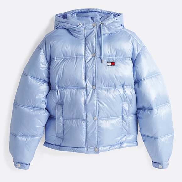 Tommy Hilfiger Baby Blue Glossy Cropped Puffer Jacket - Picture 1 of 6